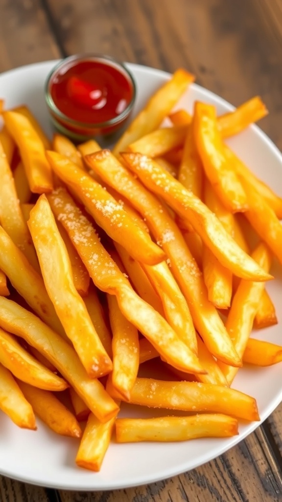 Crispy Air Fryer French Fries Recipe Crispy air fryer French fries served with ketchup on a white plate.